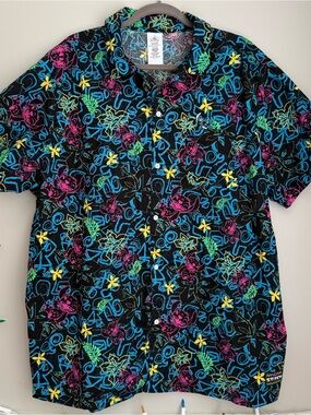 Disney Lilo and Stitch Black Short-Sleeve Button-Up with Neon Floral Print